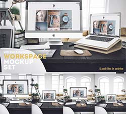 5个逼真的电脑屏幕展示模型：Workspace Mockup Set 4